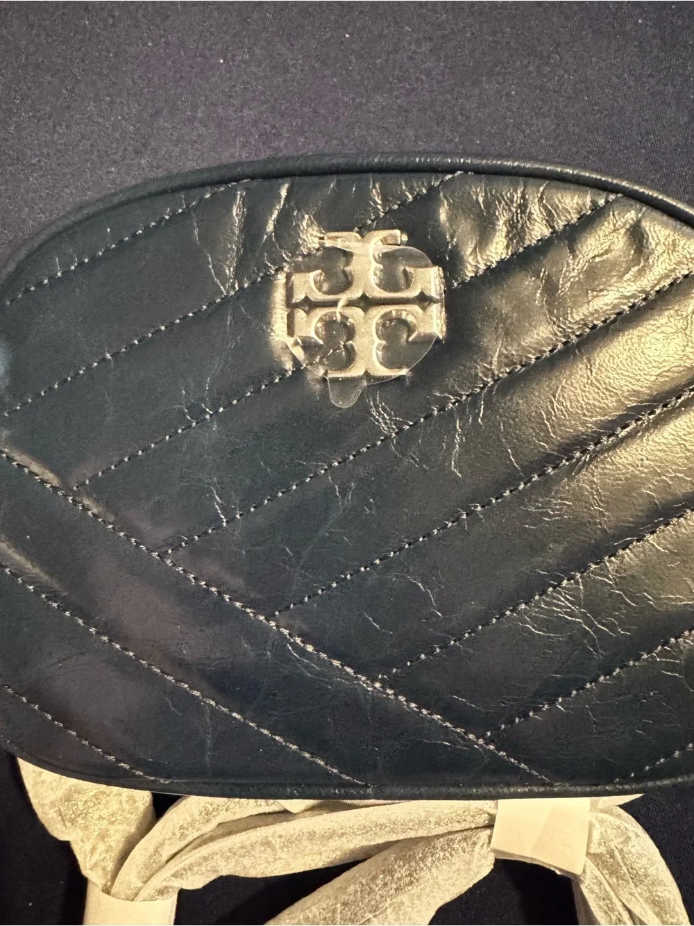 Tory Burch Kira Small Blue Distressed Chevron Quilted Crossbody Zip Gold